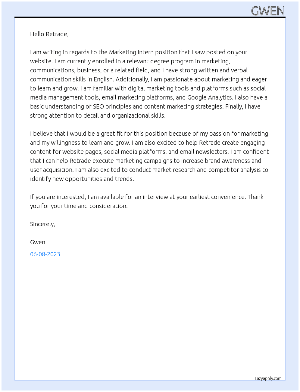 Marketing Intern At Retrade Cover Letter