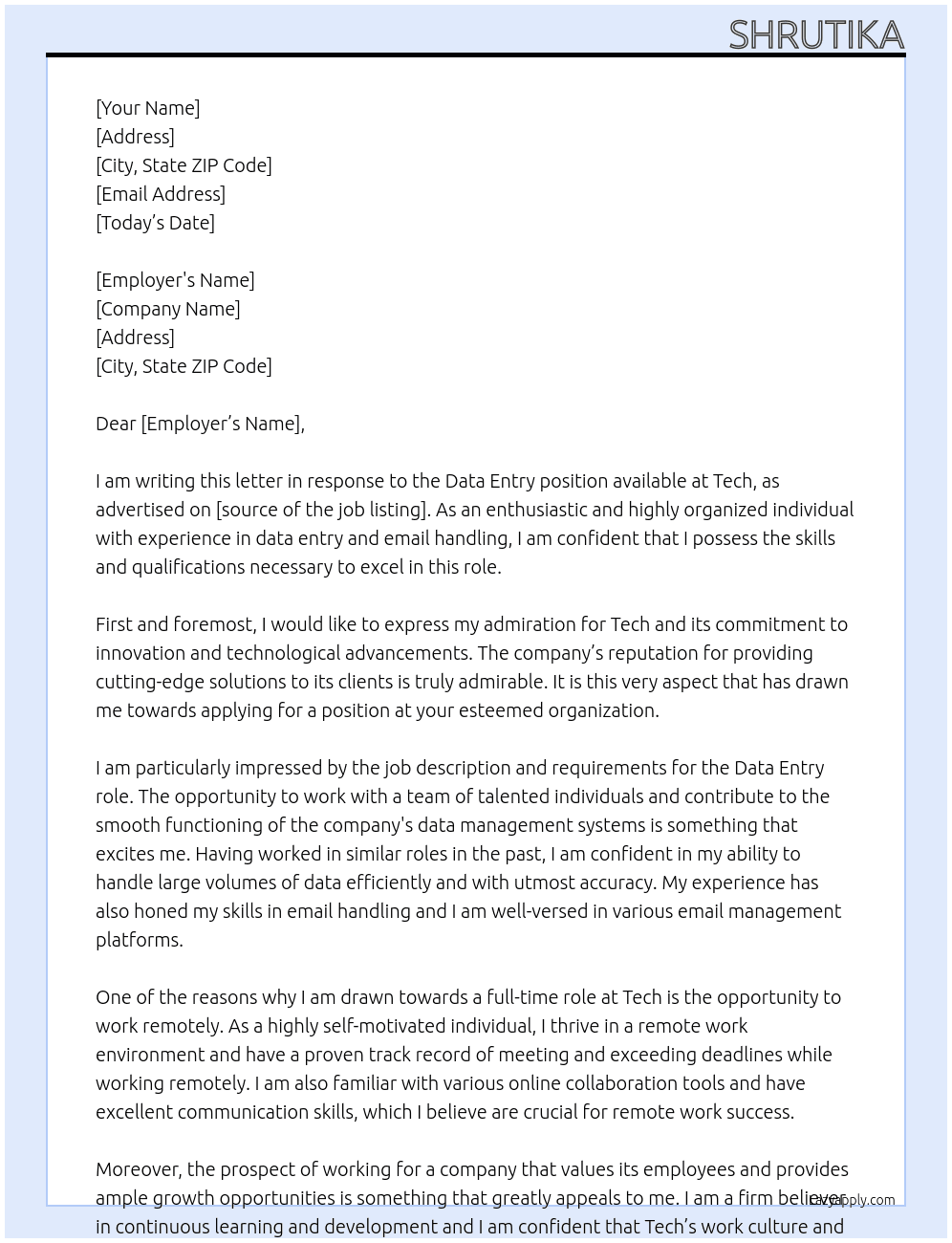 Data entry At Tech Cover Letter
