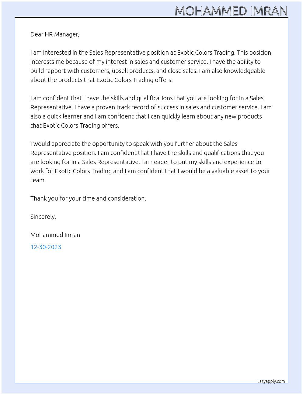 Sales representative  At Exotic colors trading  Cover Letter
