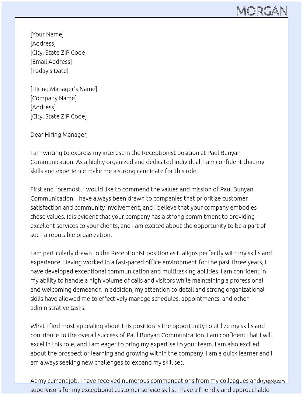 Receptionist At Paul Bunyan Communication Cover Letter