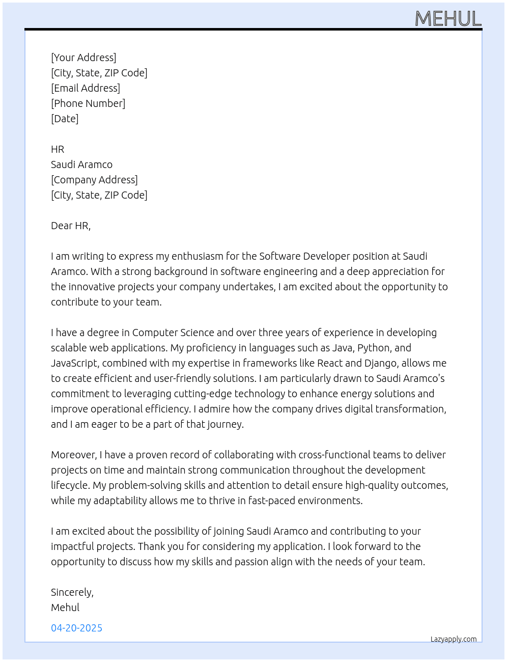 Cover letter for softwere develpoer - LazyApply