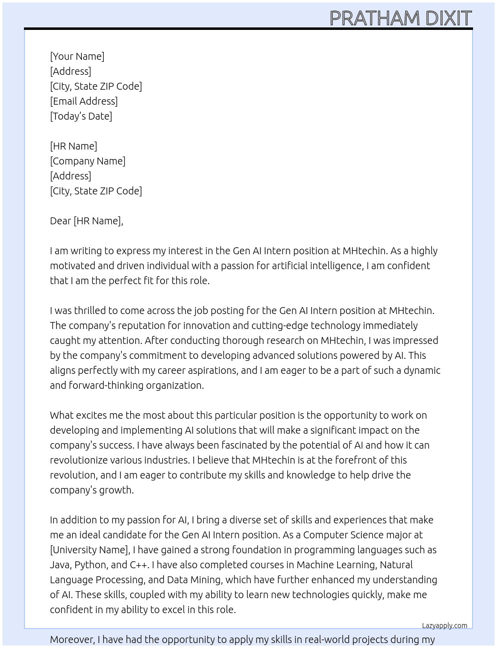Gen AI Intern At MHtechin Cover Letter