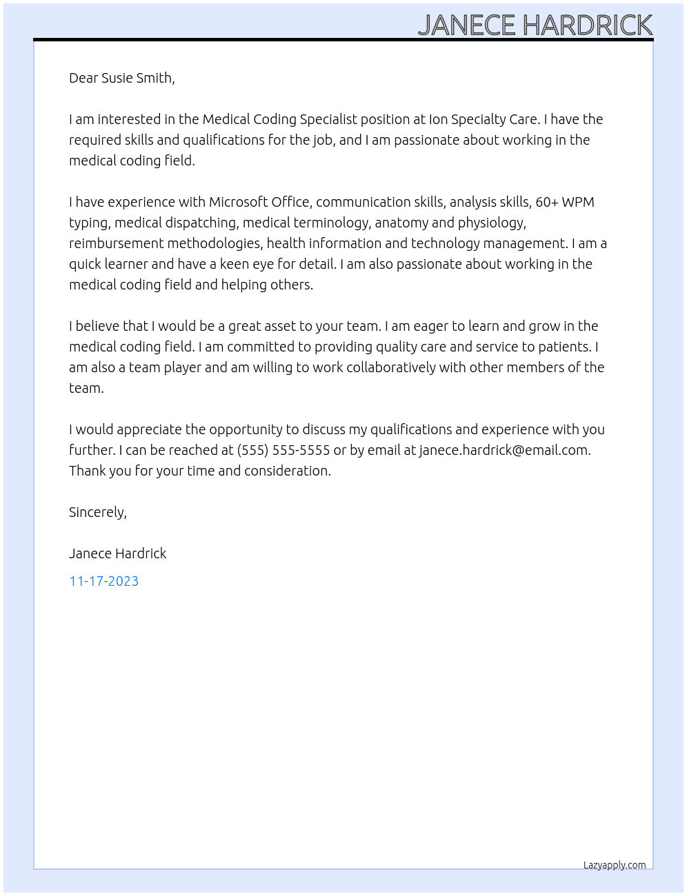 Medical Coding Specialist At Ion Specialty Care Cover Letter