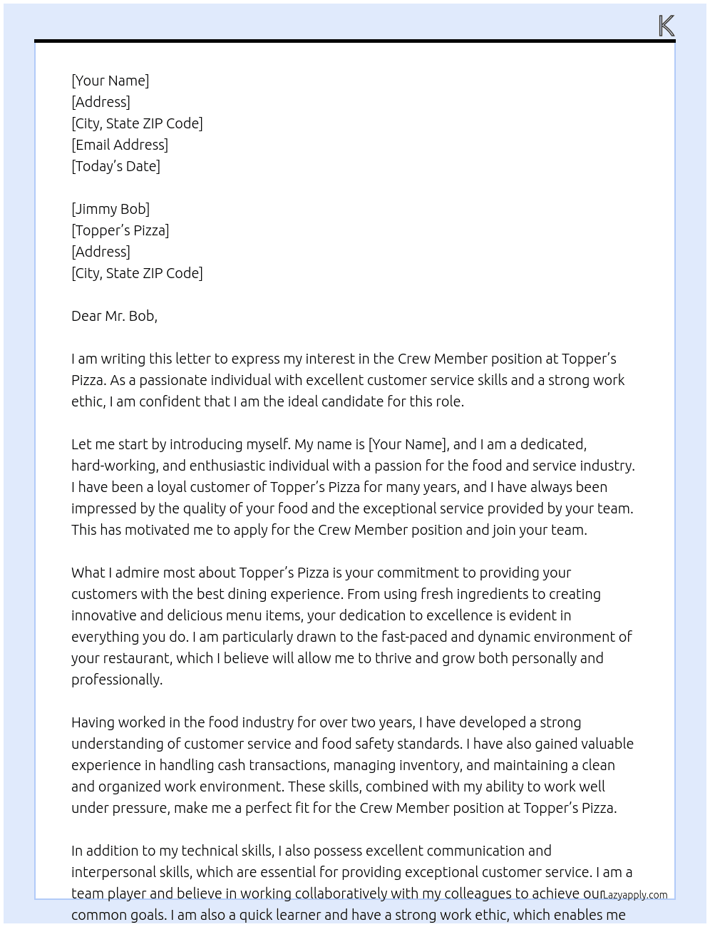crew member  At Topper's Pizza Cover Letter