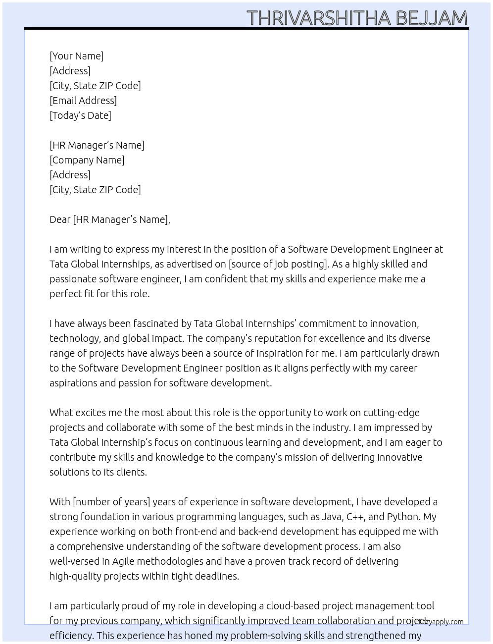software development engineer At Tata Global Internships  Cover Letter