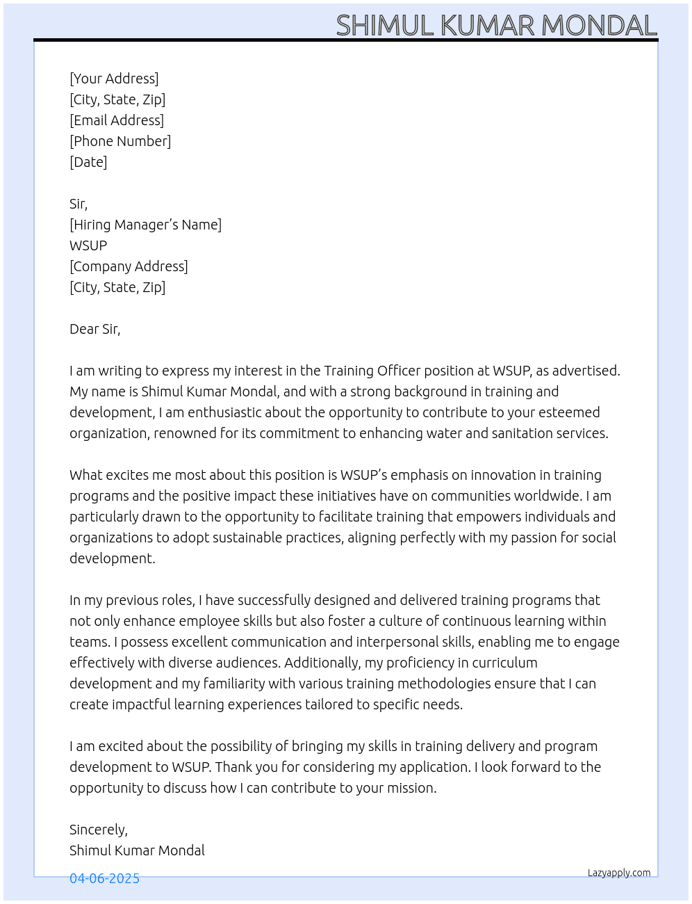 Training Officer At WSUP Cover Letter