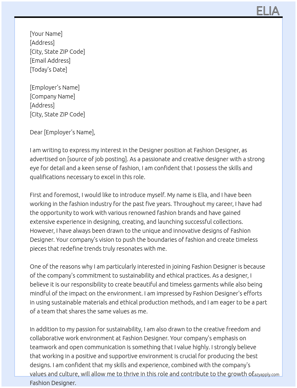 designer At fashion designer Cover Letter