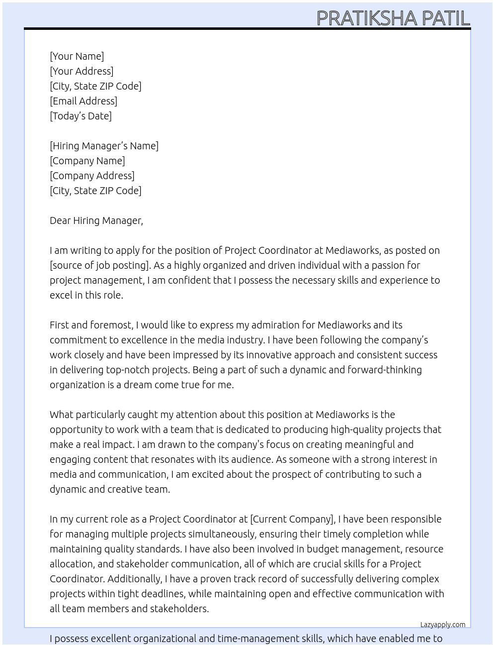 Project Coordinator At Mediaworks Cover Letter