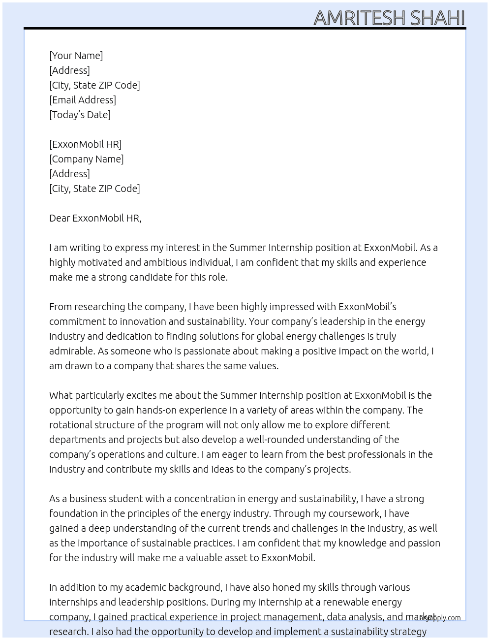 summer internship At EXXONMOBIL Cover Letter