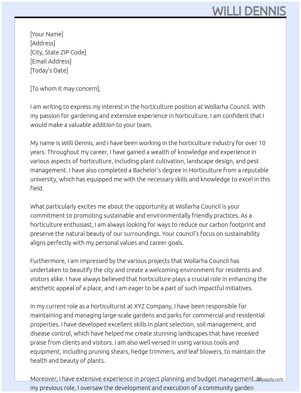 horticulture At Wollarha Council Cover Letter