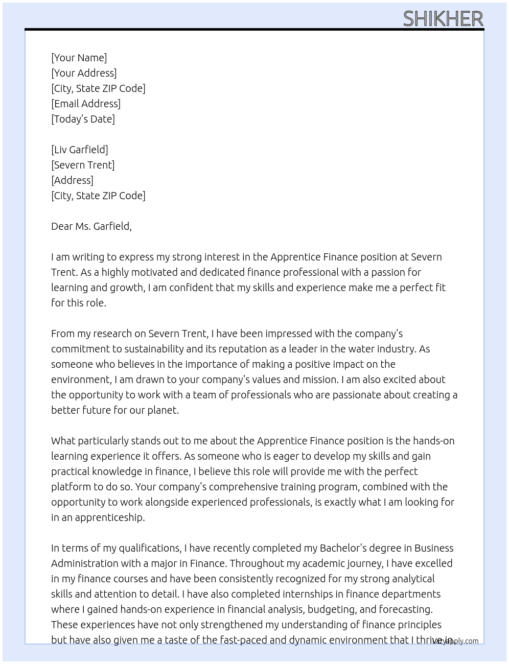 apprentice finance At Severn Trent Cover Letter