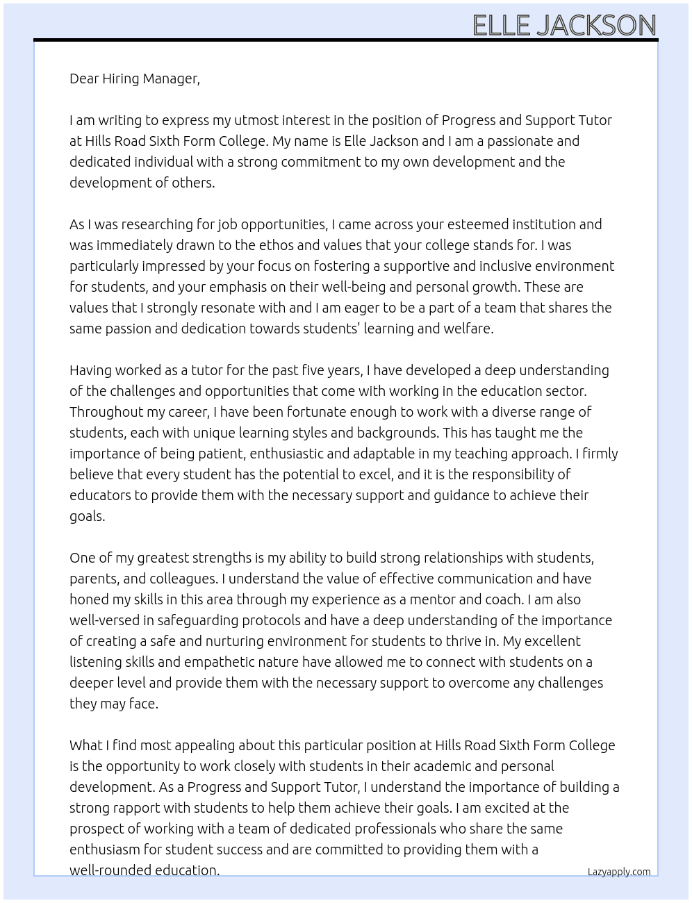 Progress and support tutor At Hills road sixth form college Cover Letter