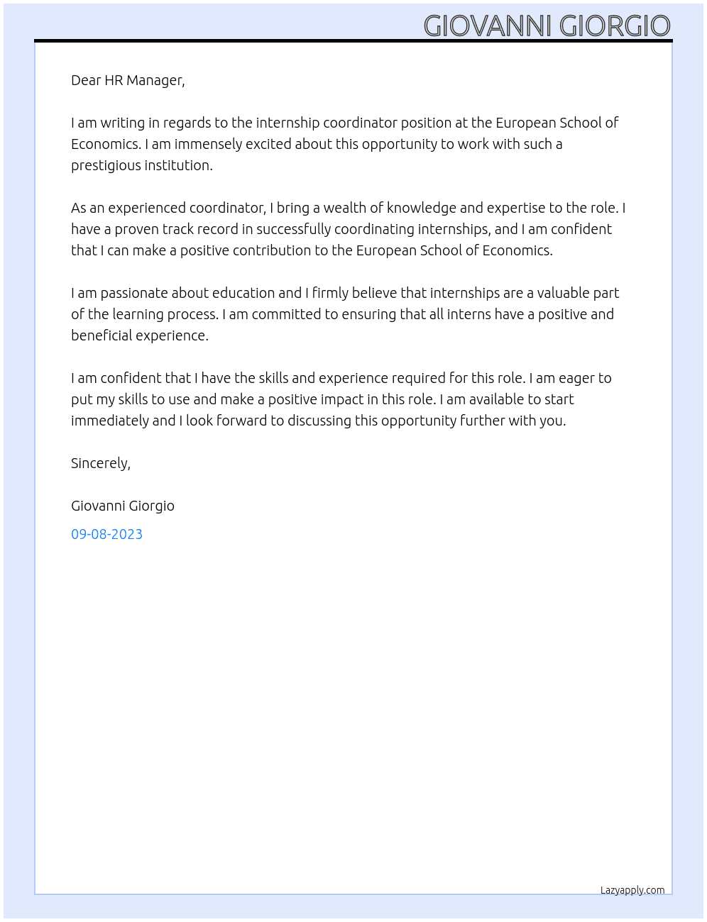 Internship coordinator At european school of economics Cover Letter