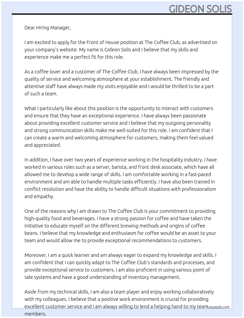 Front of House At The coffee club Cover Letter