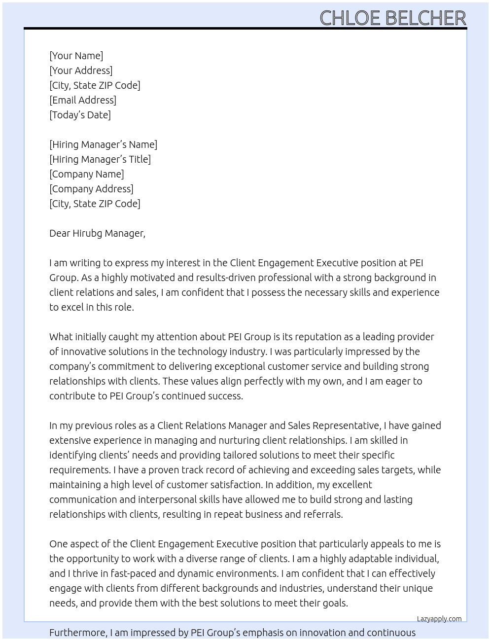 Client Engagement Executive At PEI Group Cover Letter