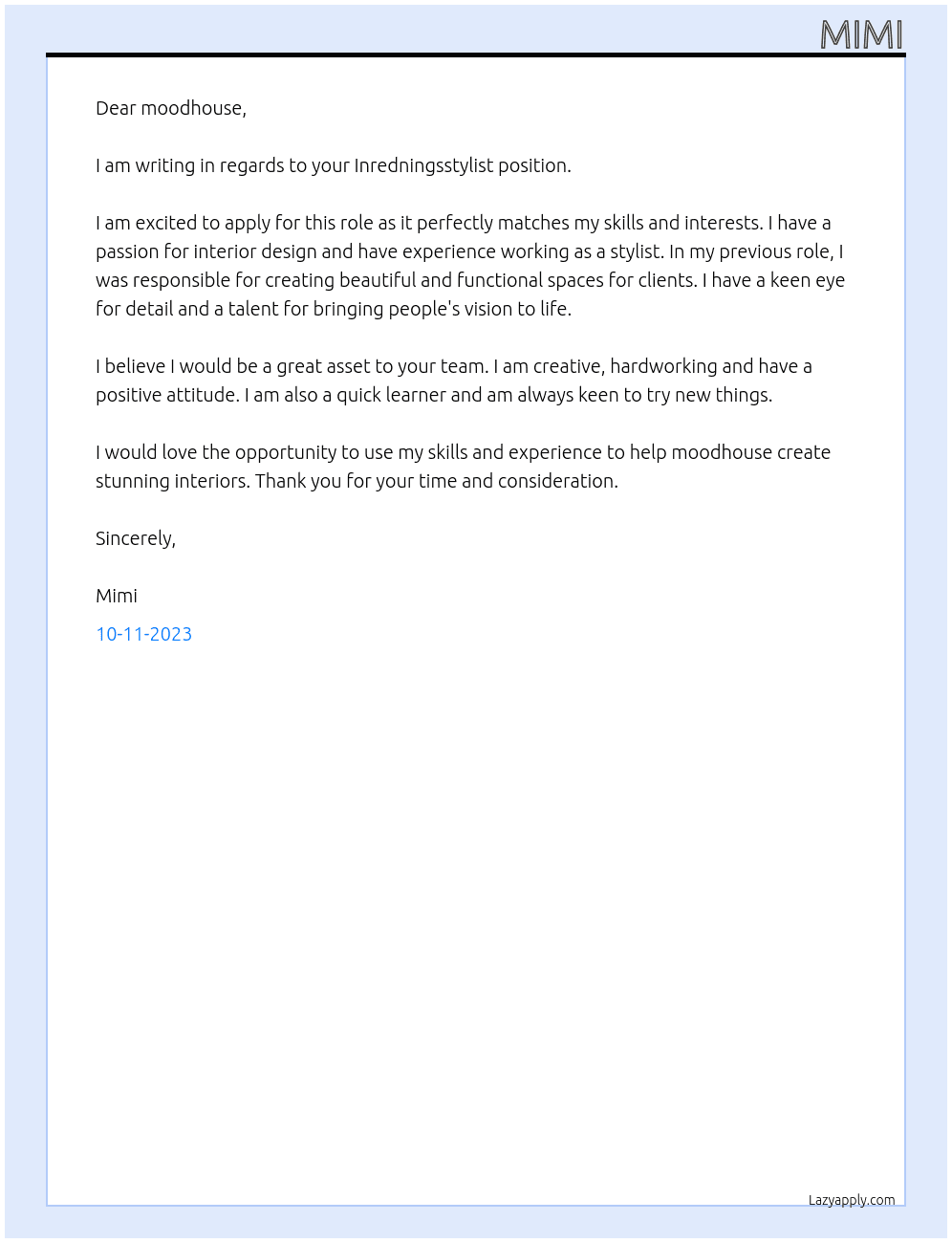 Inredningsstylist At moodhouse Cover Letter