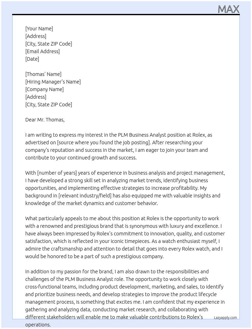 PLM Business Analyst At Rolex Cover Letter