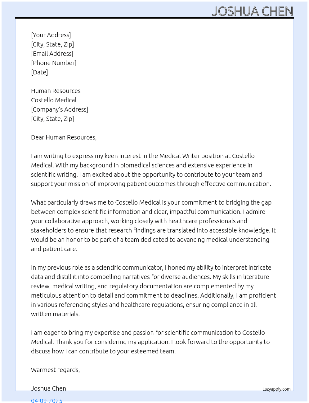 Medical Writer At Costello Medical Cover Letter