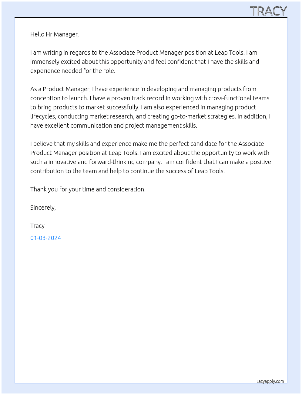 Associate Product Manager At Leap Tools Cover Letter