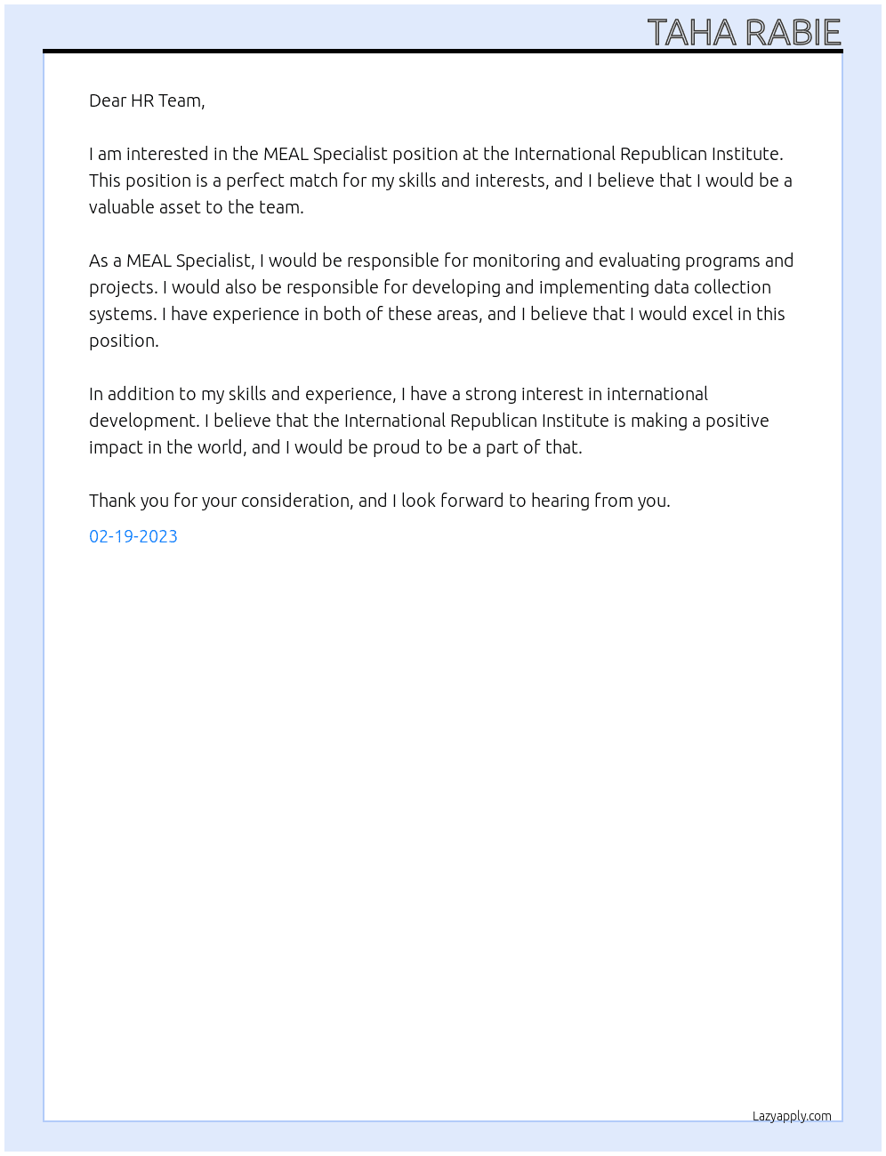MEAL Specialist At International Republican Institute Cover Letter