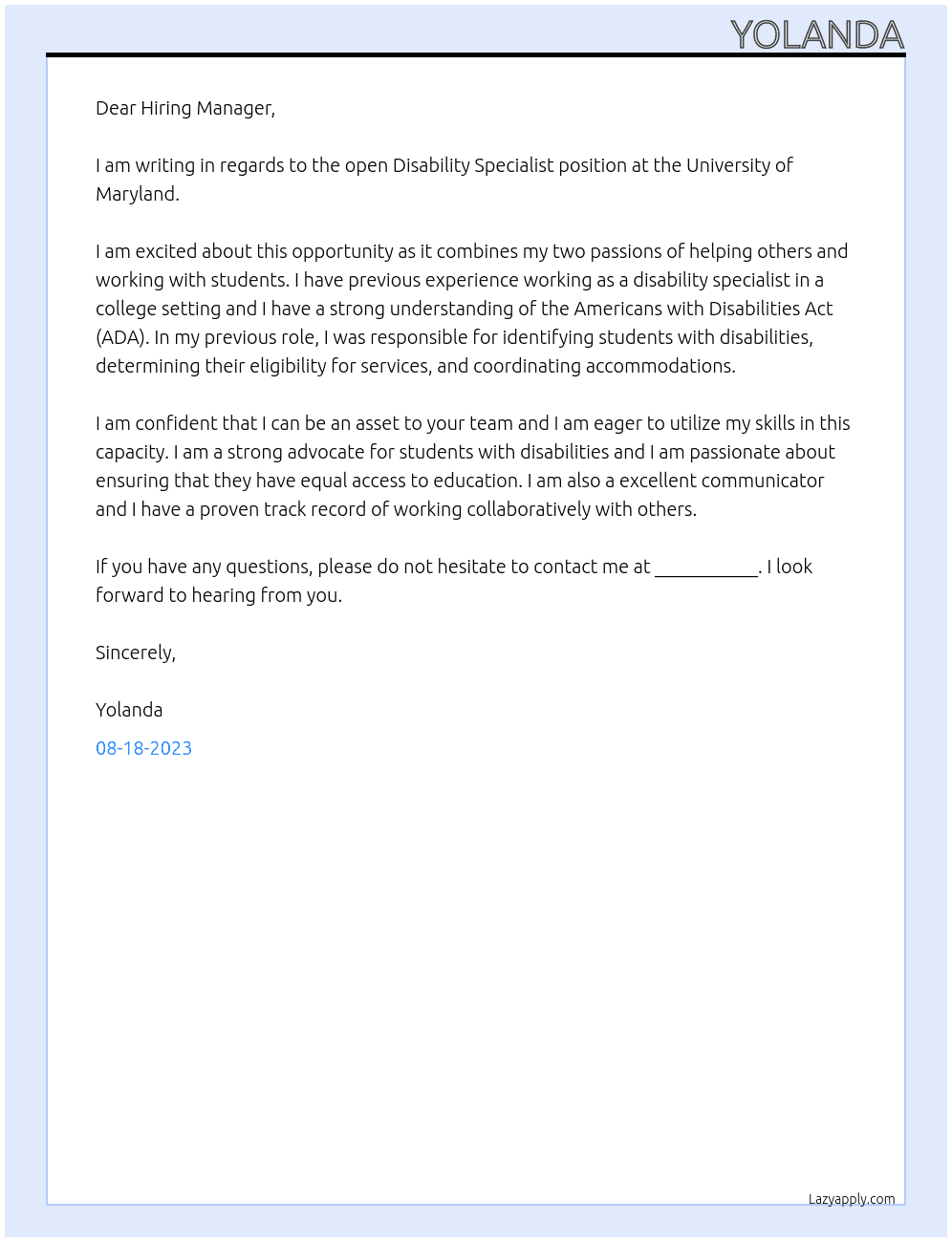 Disability Specialist At University of Maryland Cover Letter