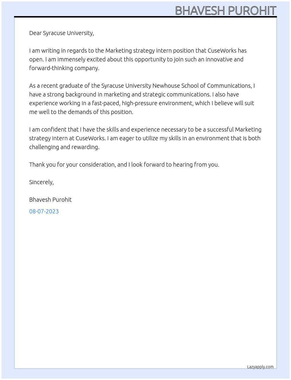 Marketing strategy intern At CuseWorks - Division of Marketing Cover Letter