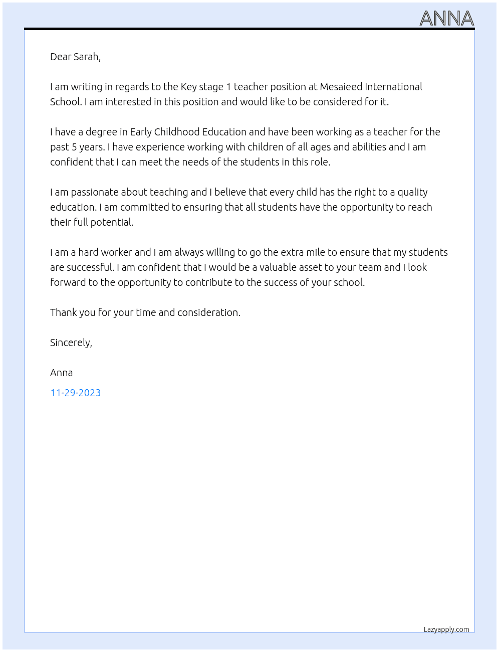 Key stage 1 teacher At Mesaieed International School Cover Letter