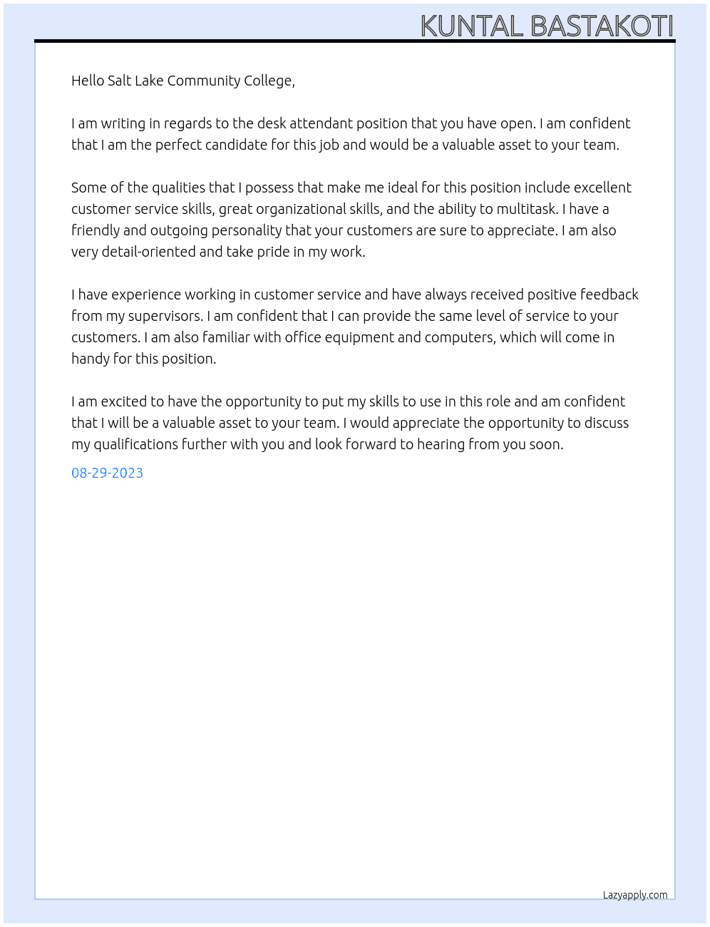 desk attendant  At salt lake community college Cover Letter