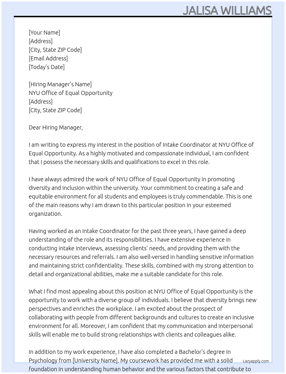 Intake Coordinator At NYU Office of Equal Opportunity  Cover Letter