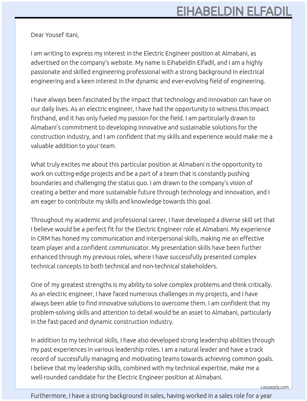 Electric Engineer At Almabani Cover Letter