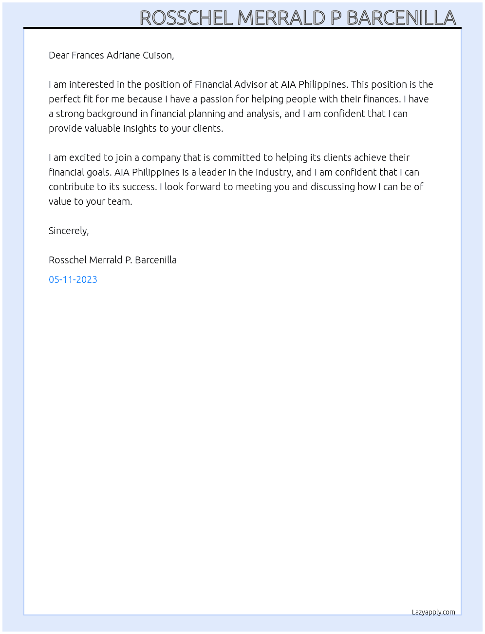 Financial Advisor  At AIA PHILIPPINES  Cover Letter