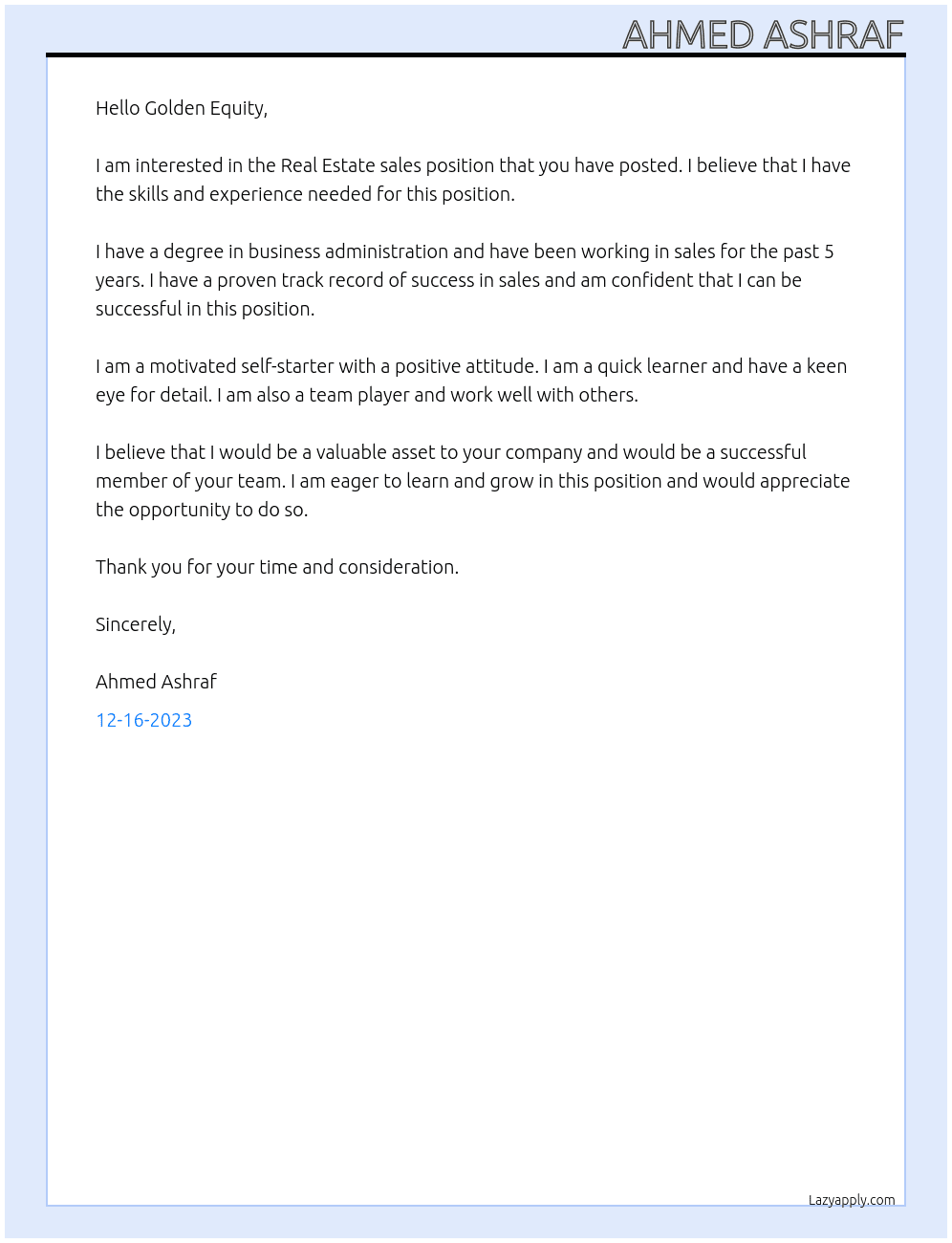 Real Estate sales At Golden Equity Cover Letter