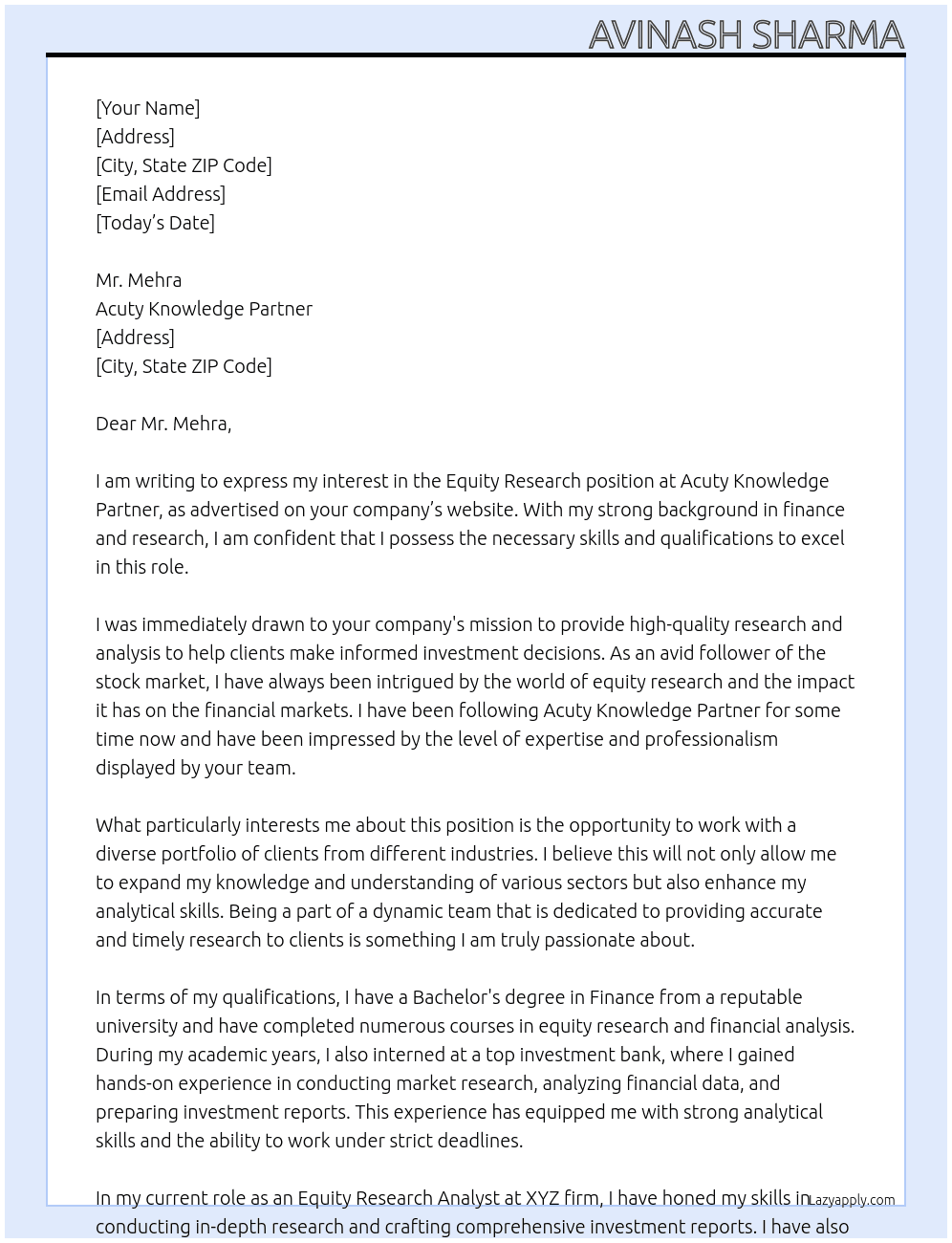 Equity Research At Acuty Knowledge partner  Cover Letter