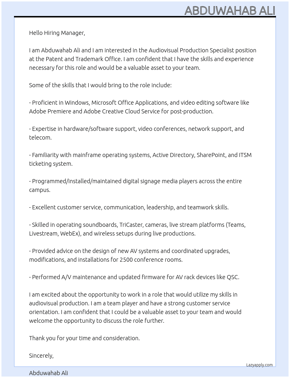 Audiovisual Production Specialist At Patent and Trademark Office Cover Letter