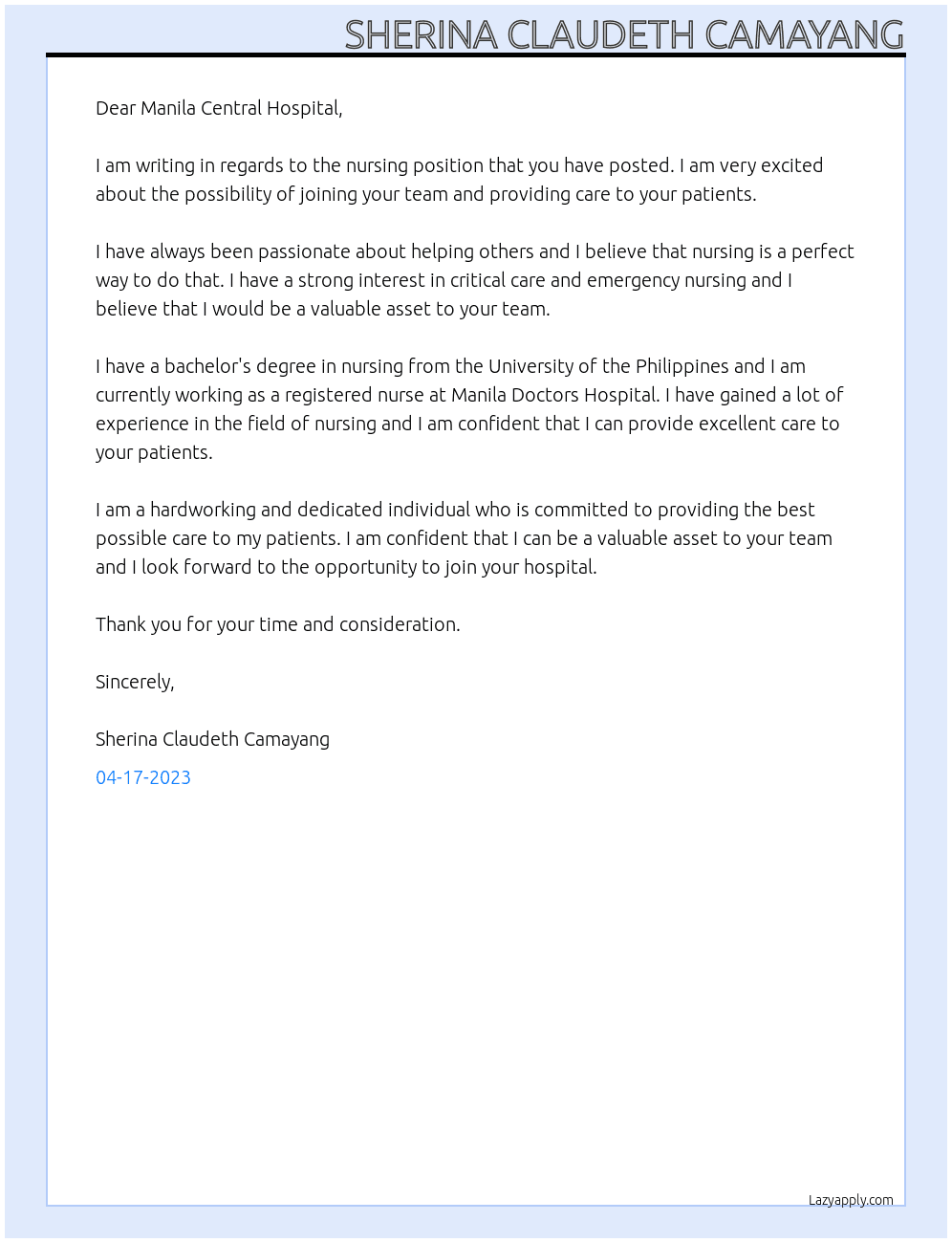 Nursing At Manila Central Hospital Cover Letter