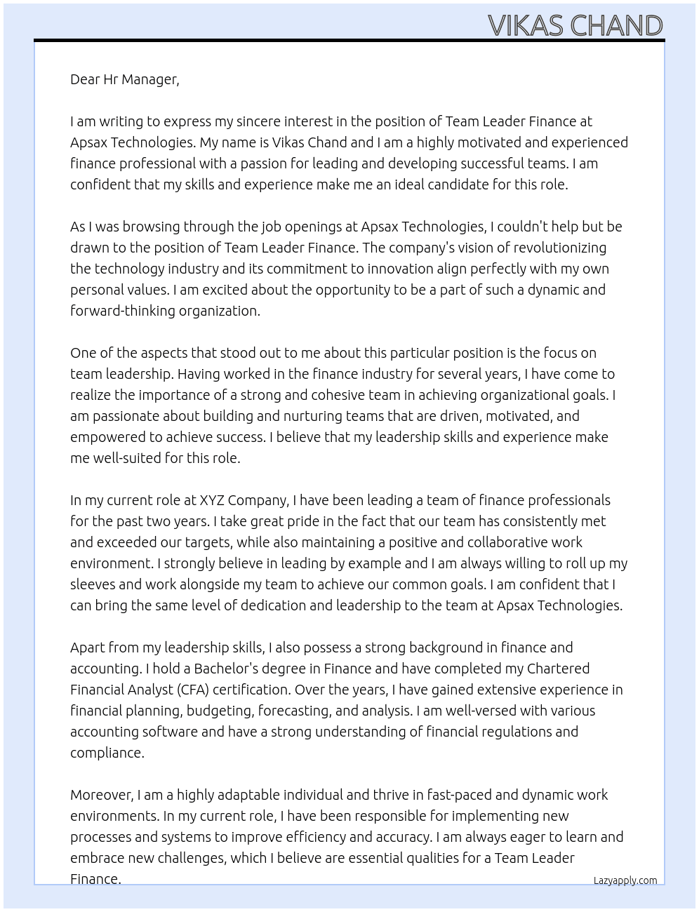 Team Leader Finance At Apsax Techonolgies Cover Letter