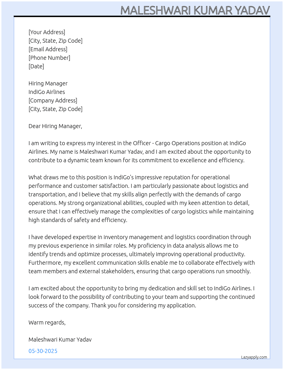 Officer- Cargo Operations At Indigo Airlines Cover Letter