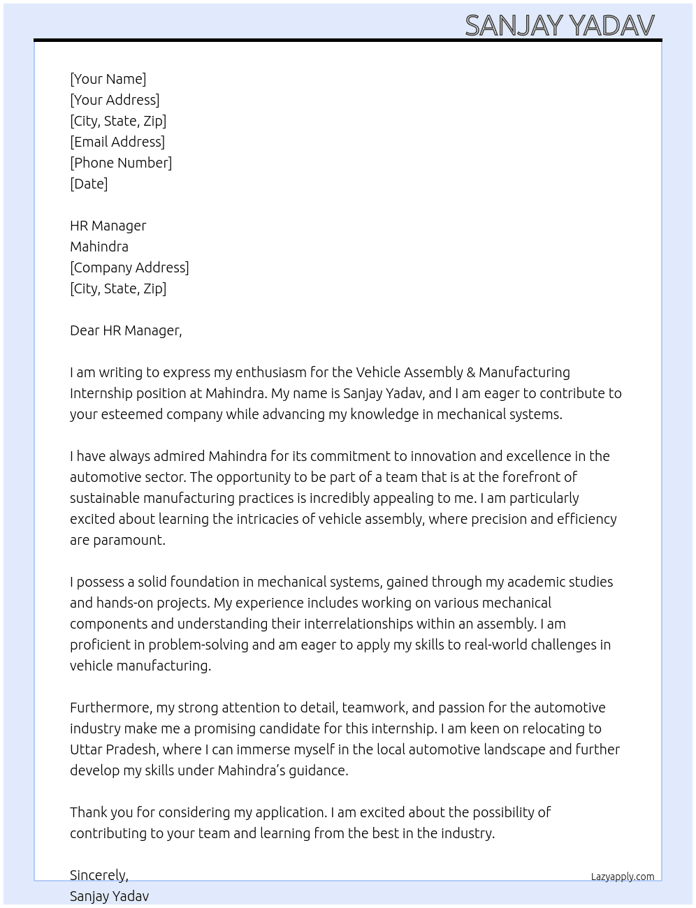 Cover letter for vehicle assembly & manufacturing - LazyApply
