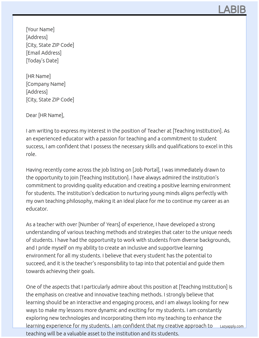 Teacher At Teaching institution Cover Letter