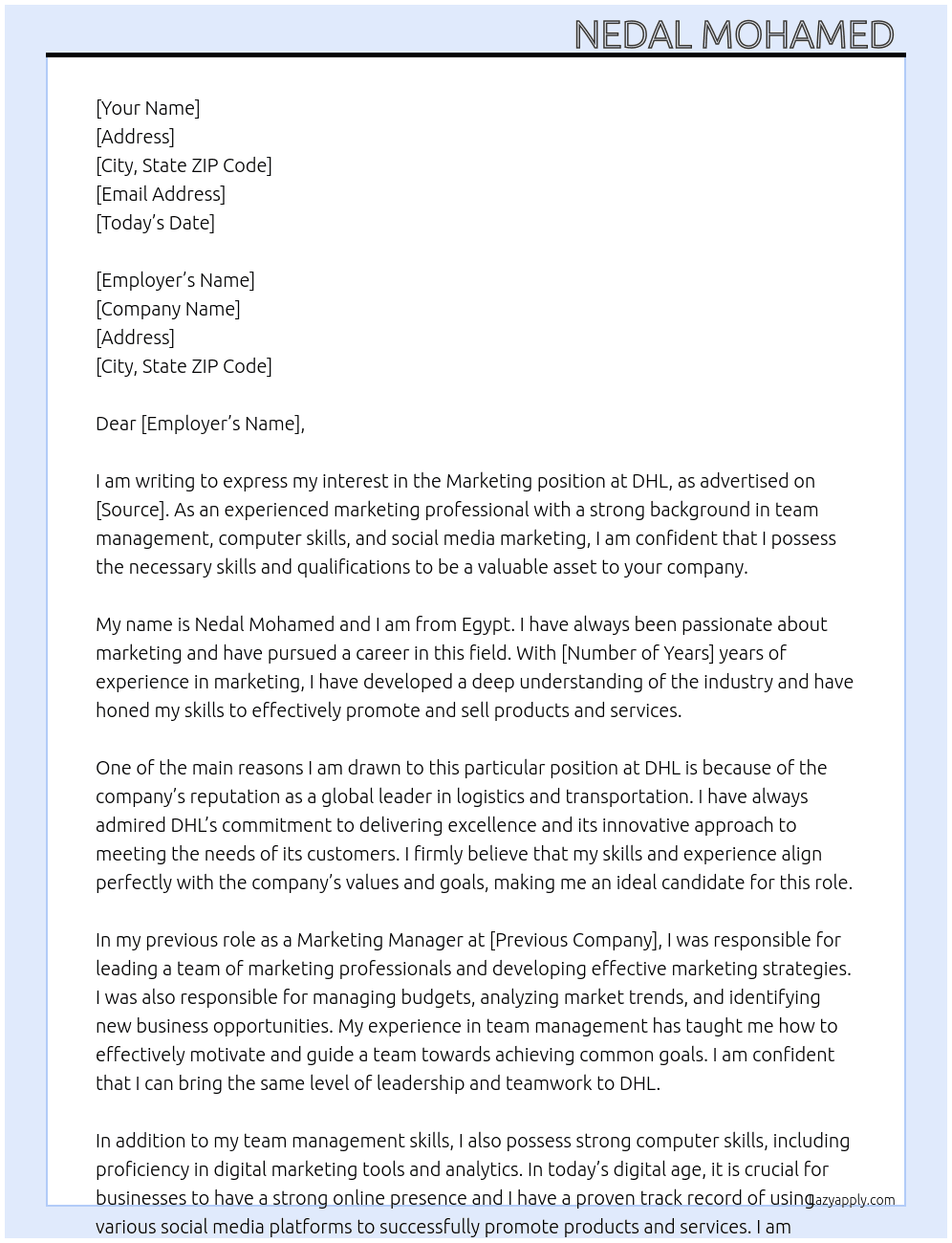 Marketing  At DHL Cover Letter