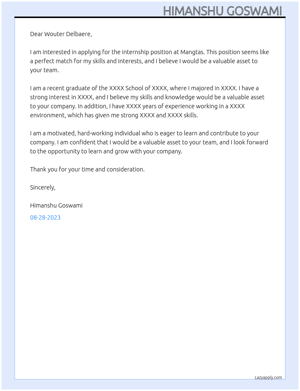 Internship At Mangtas Cover Letter