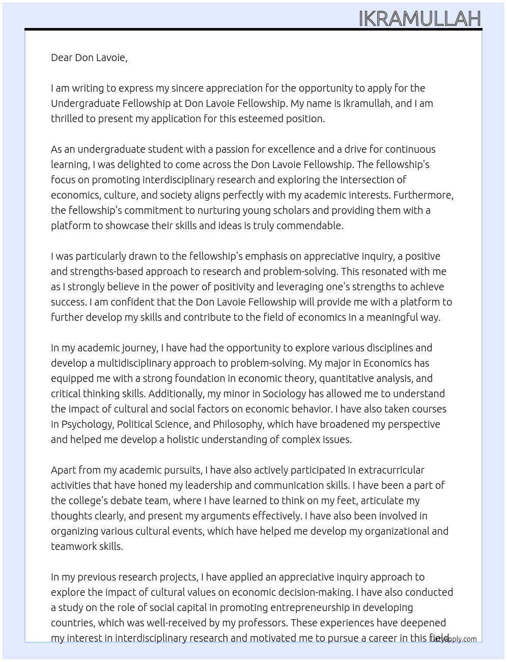Undergraduate Fellowship Application At  Don Lavoie Fellowship  Cover Letter