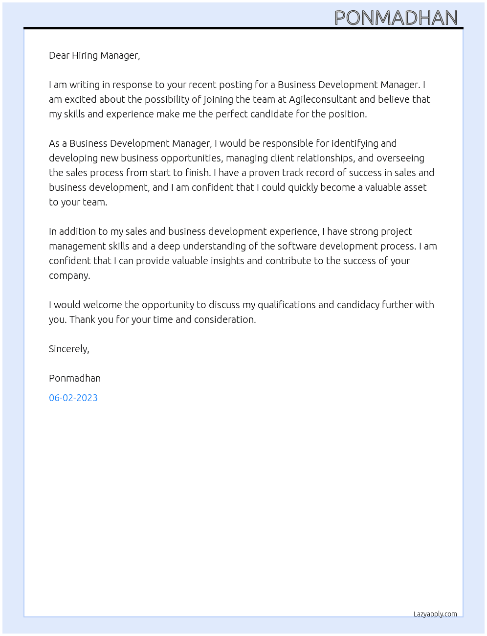 Business Development Manager  At Agileconsultant Cover Letter
