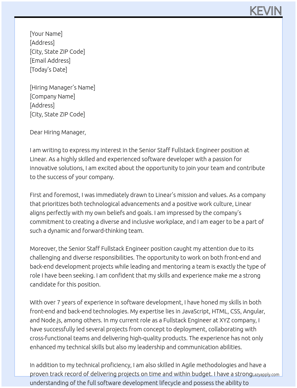 Senior - Staff Fullstack Engineer At Linear Cover Letter