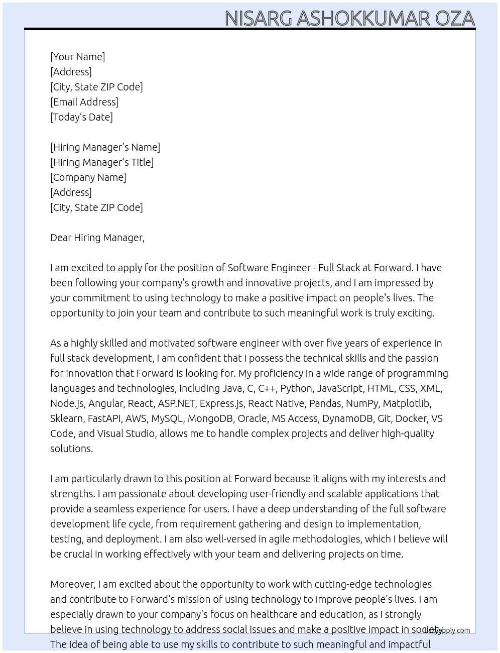 Software Engineer - Full Stack At Forward Cover Letter