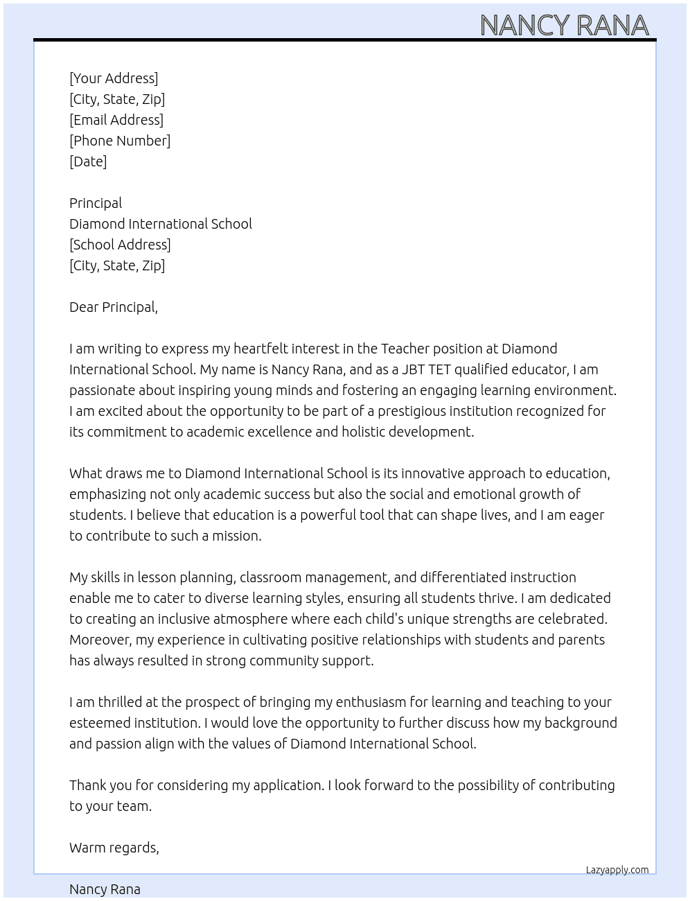 Teacher  At Diamond international school  Cover Letter