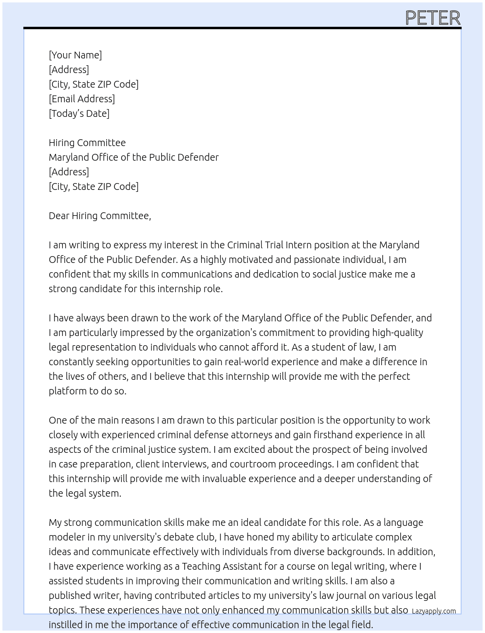 Criminal Trial Intern At Maryland Office of the Public Defender Cover Letter