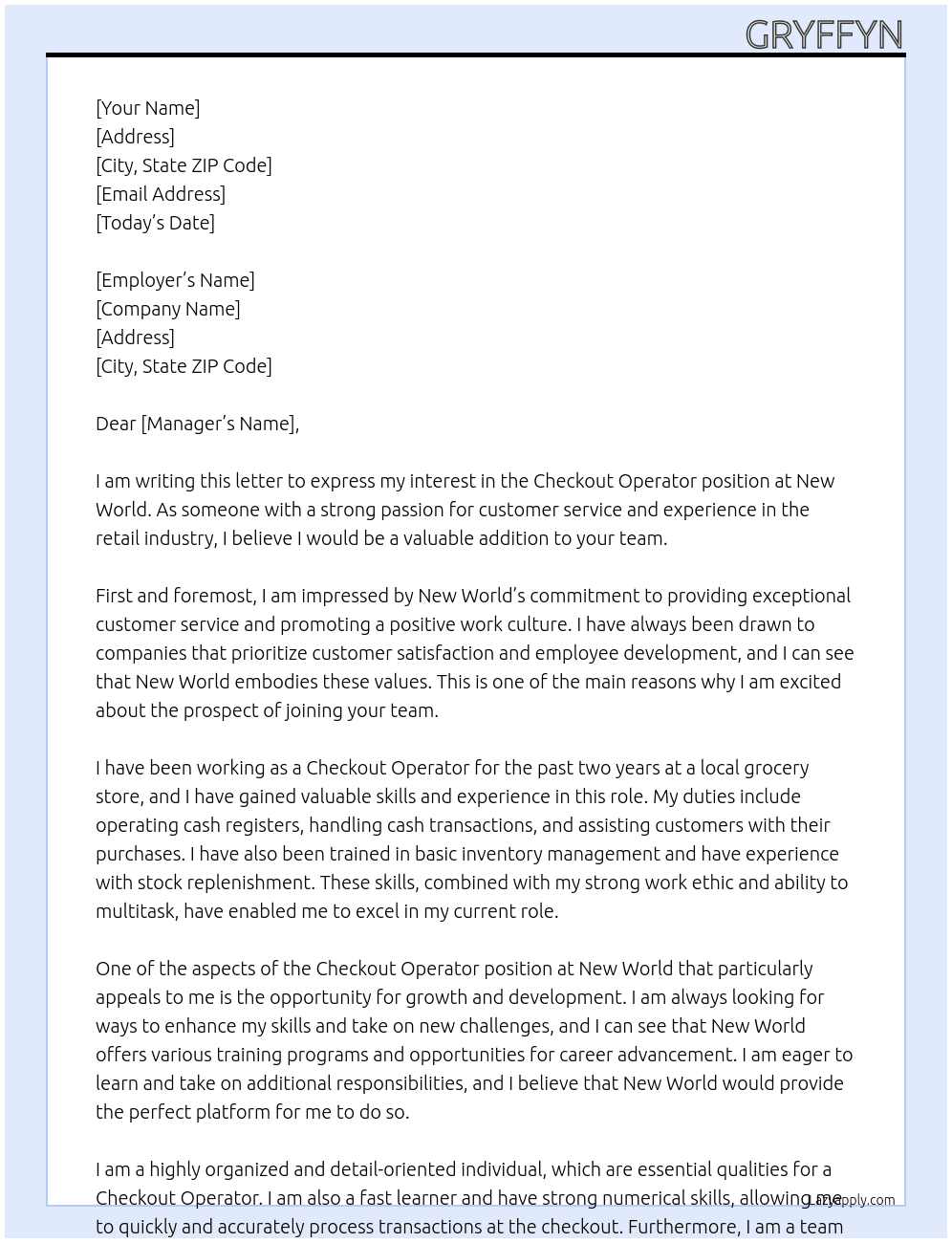 Checkout Operater At New World Cover Letter
