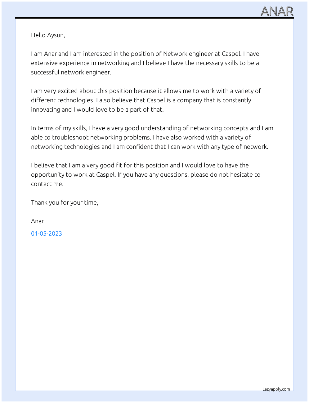 Network engineer At Caspel Cover Letter