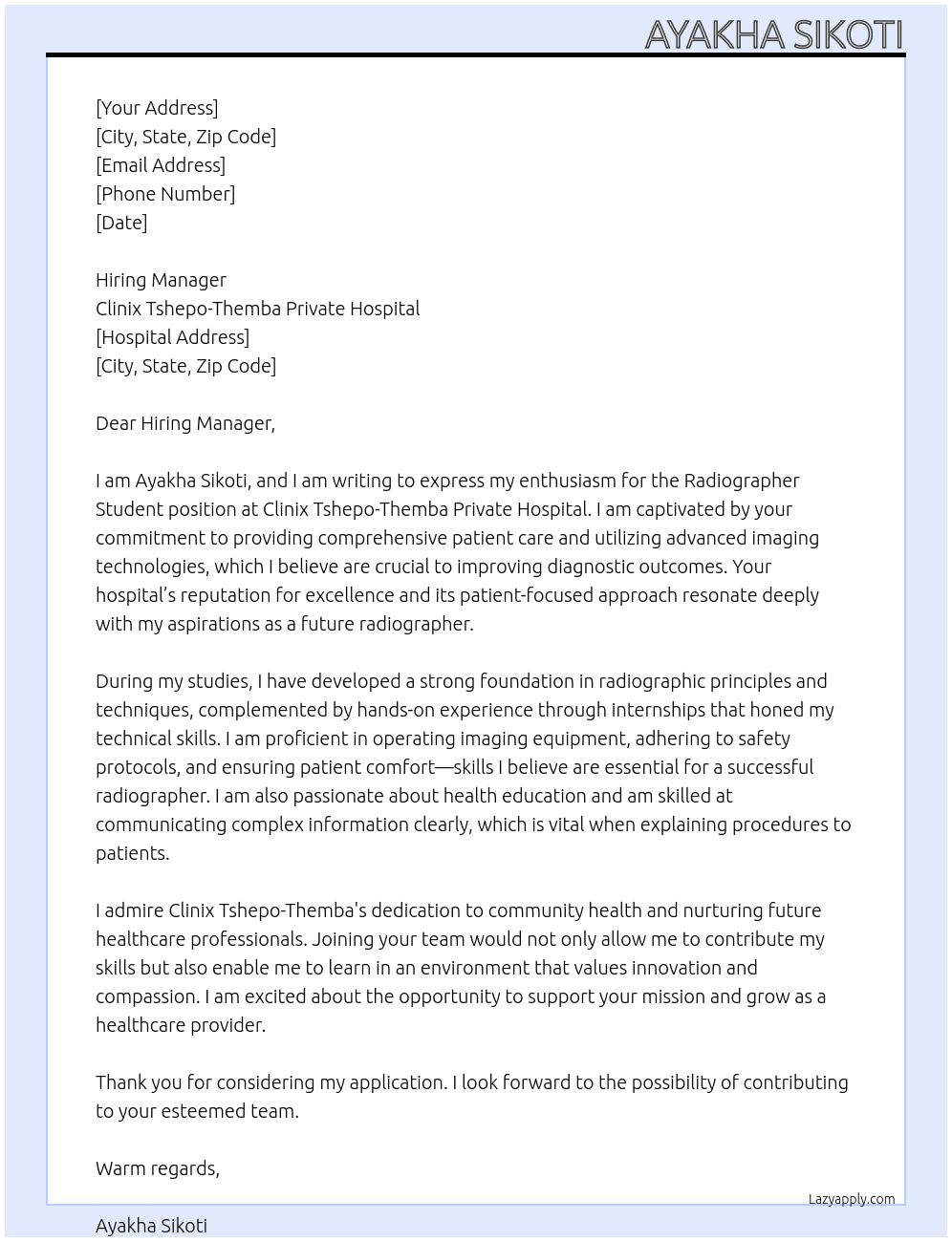 Cover letter for radiographer student - LazyApply